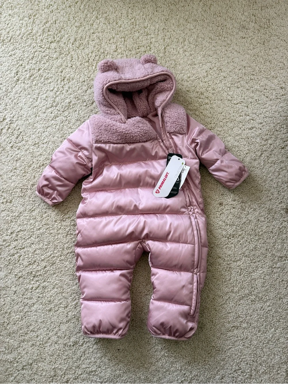New Gap puffer Snowsuit snow hood Sherpa fleece bear primaloft pink 3-6 months